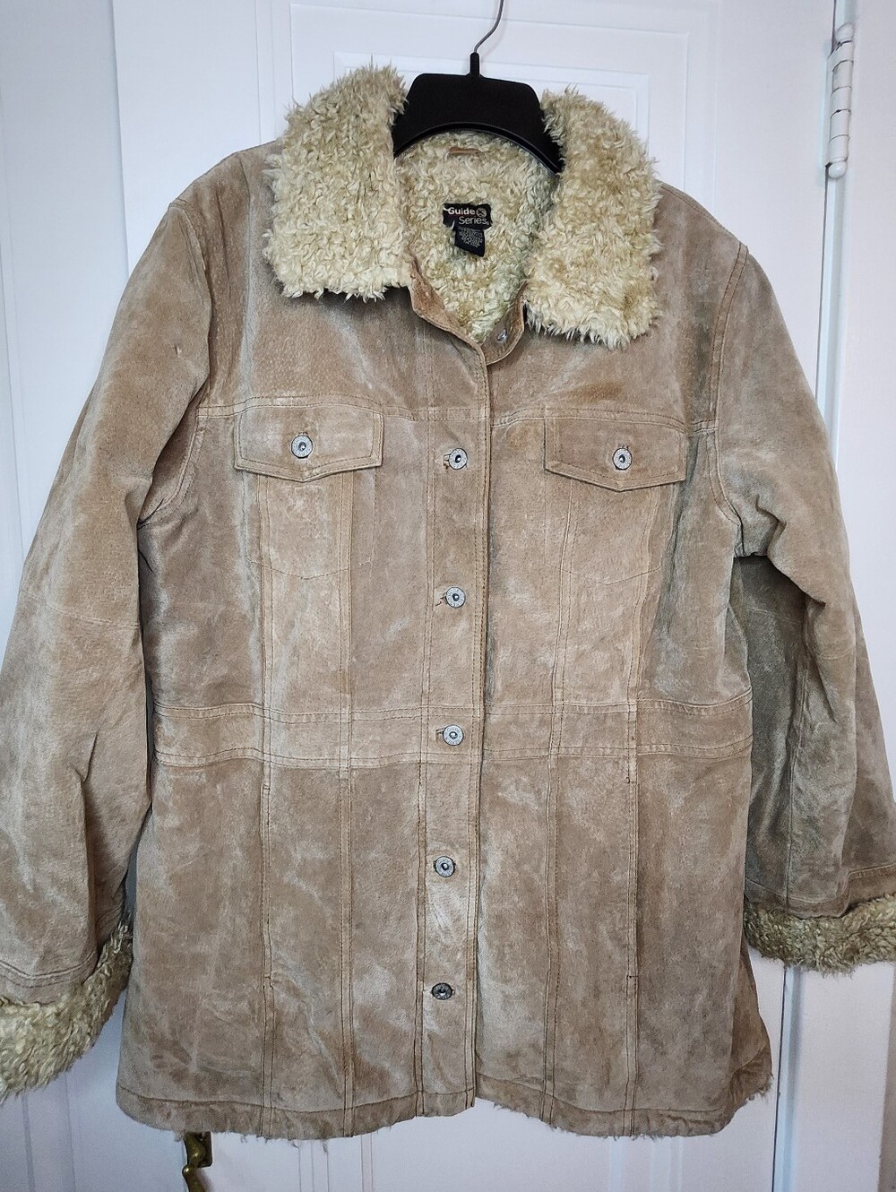 Teddy-Lined Suede Jacket in Beige with Sherpa Collar